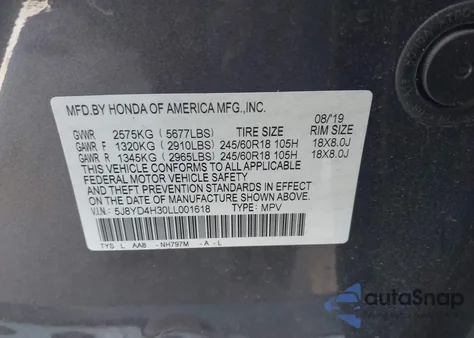 2020 Acura Mdx Standard from USA, damaged, VIN 5J8YD4H30LL001618